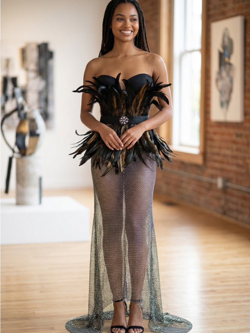 NovaLuxe Feather Corset Dress Sheer Mesh Maxi Glam  Birthday Photoshoot - Picture 4 of 8